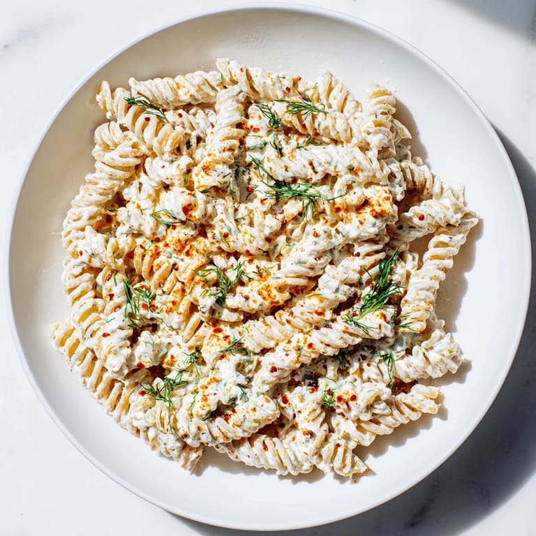 Close-up of Turkish Yogurt Pasta, showcasing perfectly cooked pasta coated in a garlicky yogurt sauce.