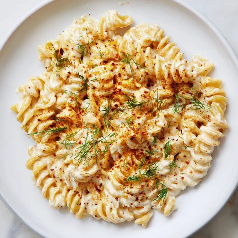 This Turkish Yogurt Pasta is ready to eat, served with a vibrant butter drizzle and fresh herbs.