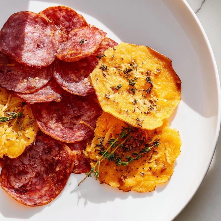 Golden baked charcuterie chips piled high with cured meats and cheeses, ideal for quick snacking anytime.