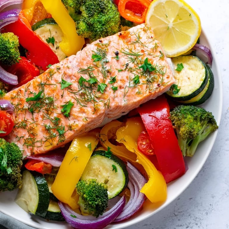 This simple salmon sheet pan bake features tender salmon and vibrant, flavorful roasted vegetables.
