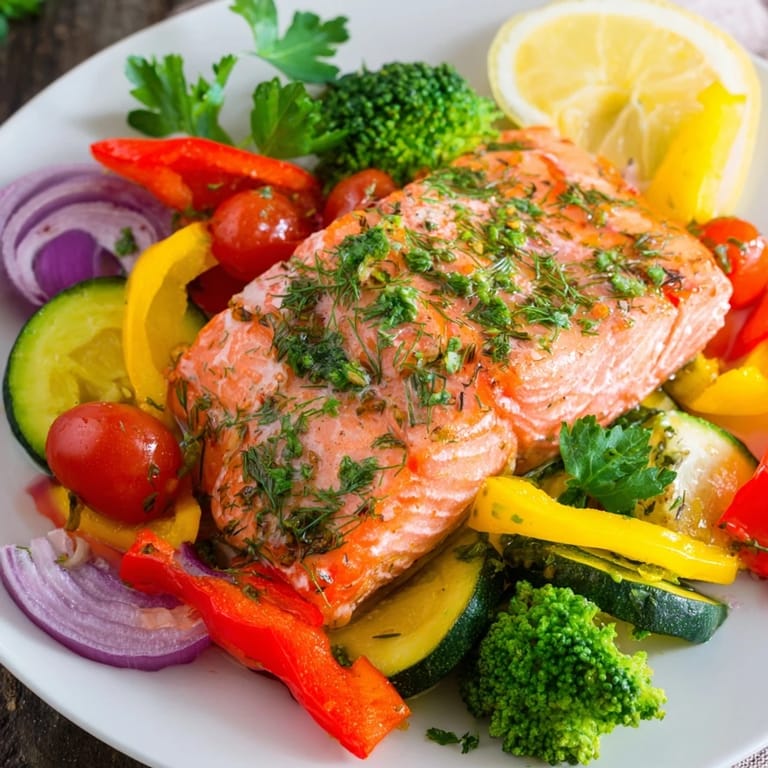 Freshly baked salmon sheet pan recipe, presented with bright vegetables, perfect for a balanced dinner.