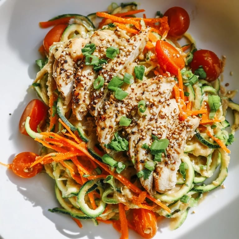 Brightly plated, this Protein Cucumber Salad features spiralized cucumbers and juicy grilled chicken.