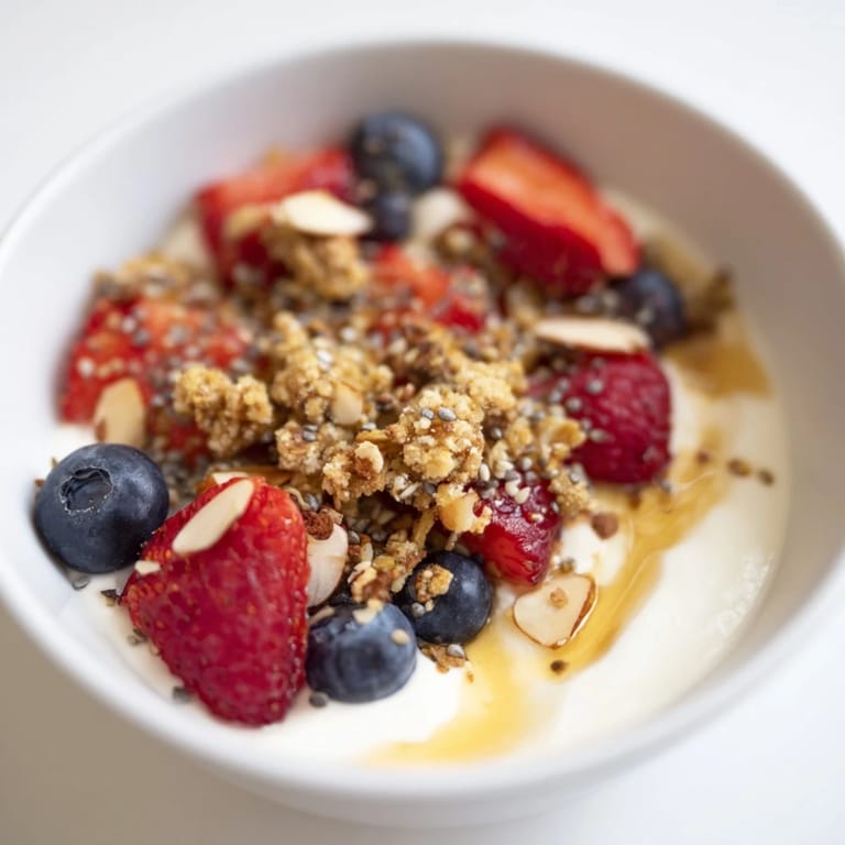 This delicious dry yogurt bowl features a colorful array of fresh fruit and crunchy toppings.