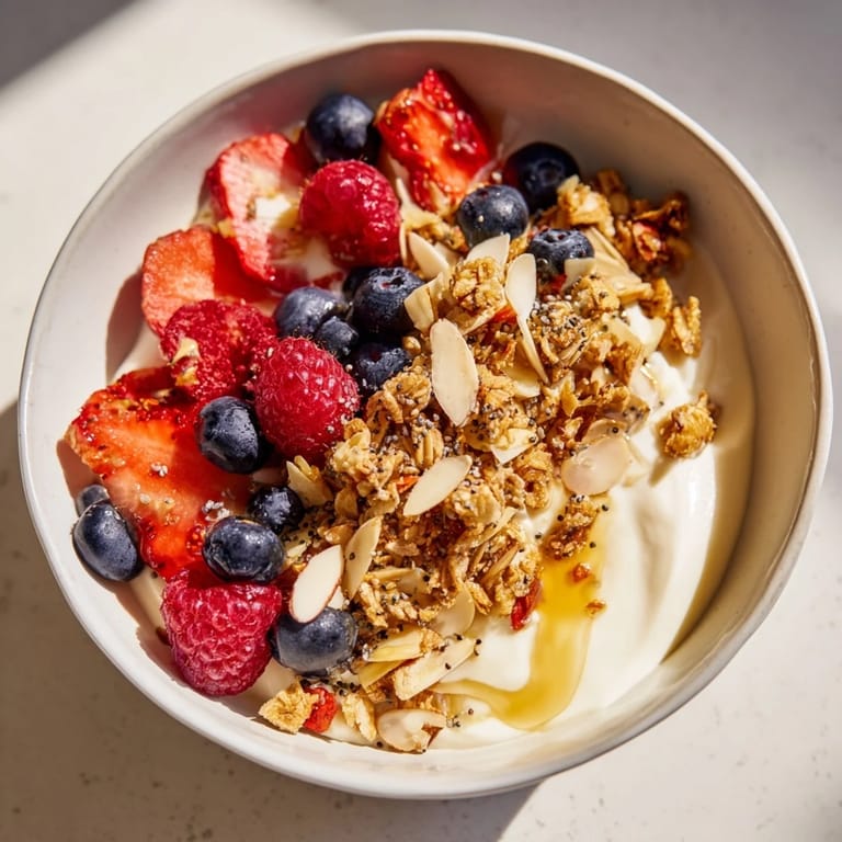 Fresh berries and granola nestle atop a thick yogurt base in this dry yogurt bowl recipe.