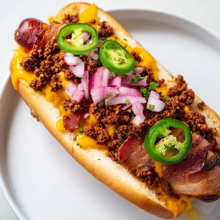 A close-up of fully loaded Mexican Hot Dogs showcasing crispy bacon and spicy jalapeños, ready to eat.