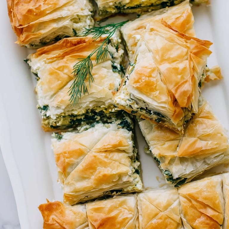 A whole spanakopita pie, baked golden brown, showcases a delicious vegetarian Greek meal for everyone.