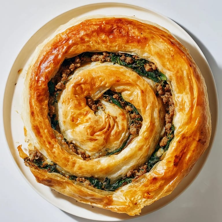 A close-up of a warm, perfectly baked Bosnian Burek, its crispy layers filled with seasoned meat.