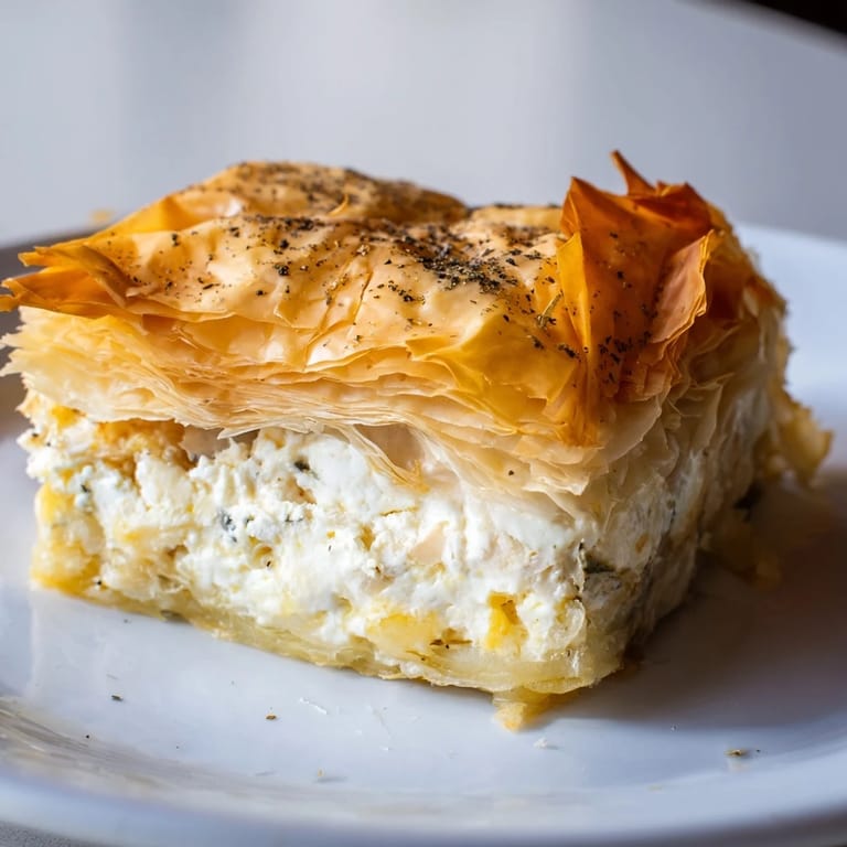 Warm from the oven, a Serbian Gibanica showcases a golden crust, perfect for a savory appetizer.