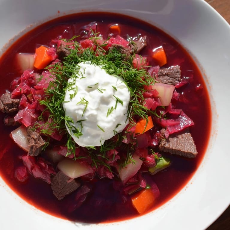 Enjoy a warm bowl of Ukrainian Borscht soup, ideally served with rye bread for a complete meal.