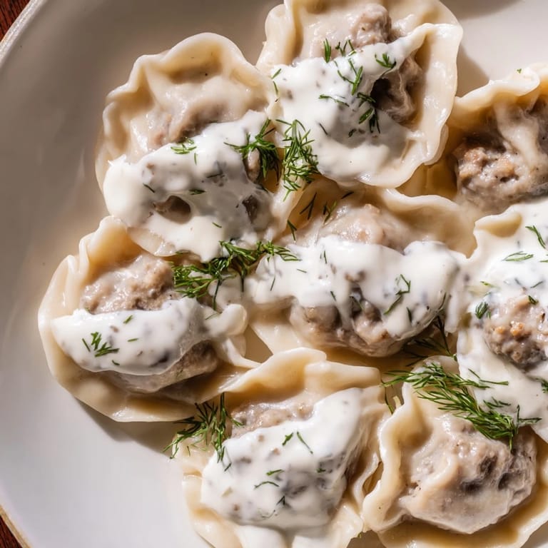 A close-up of delicious Russian pelmeni, topped with fresh dill and sour cream, ready to eat.