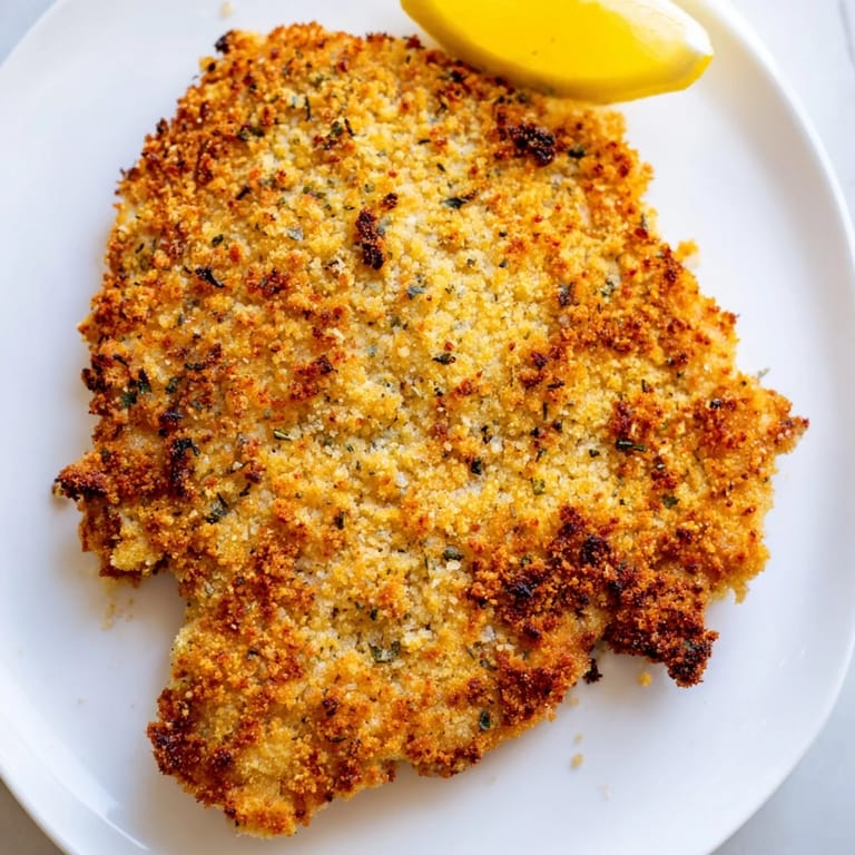 Tender Crispy Parmesan Chicken Cutlet with a crunchy golden crust, ready to be enjoyed with lemon wedges.