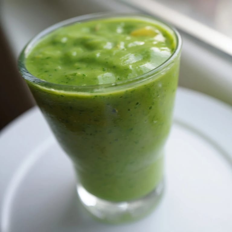 A refreshing glass of Spinach-Hidden Smoothie beside sliced bananas and spinach leaves, highlighting the nutrient-packed breakfast or post-workout beverage.
