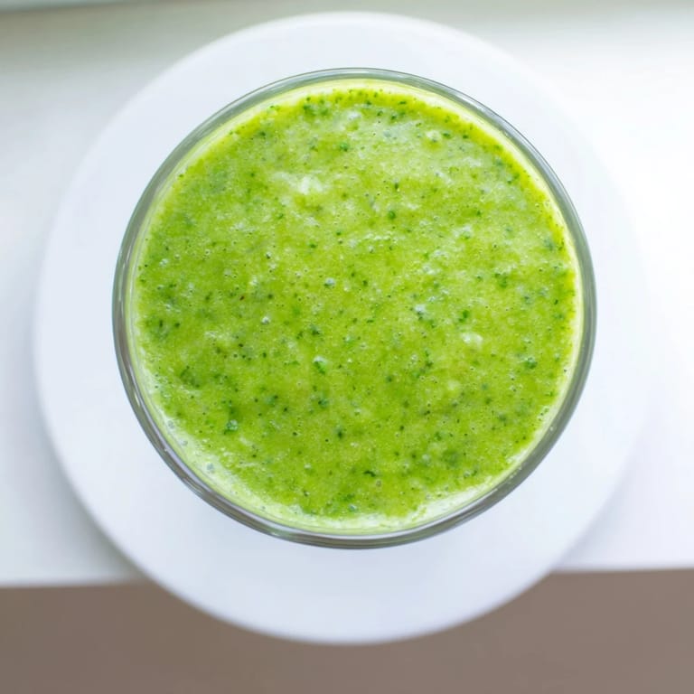 A thick and creamy Spinach-Hidden Smoothie, poured into a tall glass with a swirl of almond milk and chia seeds on top.