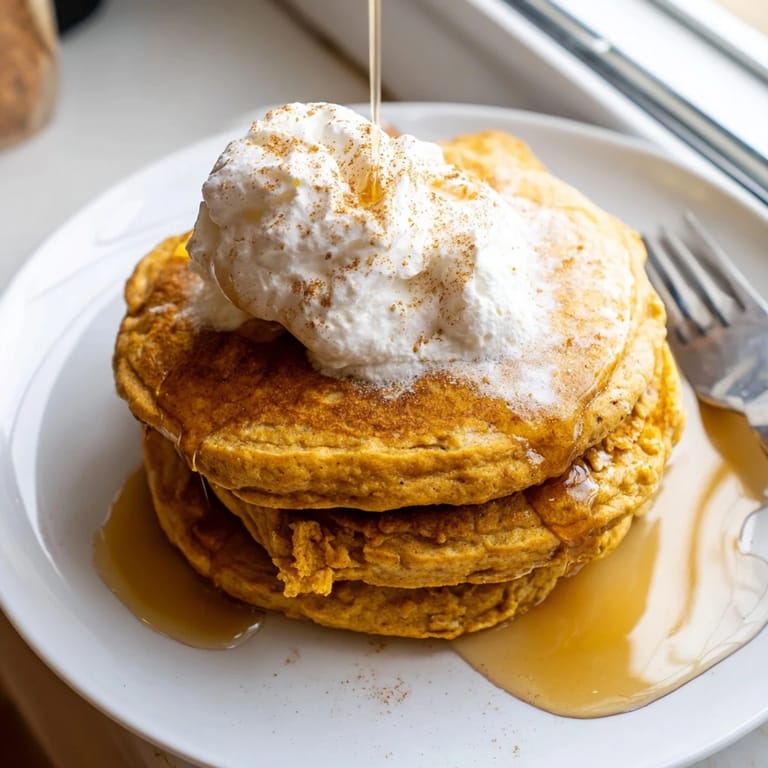 Fluffy Pumpkin Spice Pancakes topped with whipped cream and chopped pecans, served warm on a rustic plate.