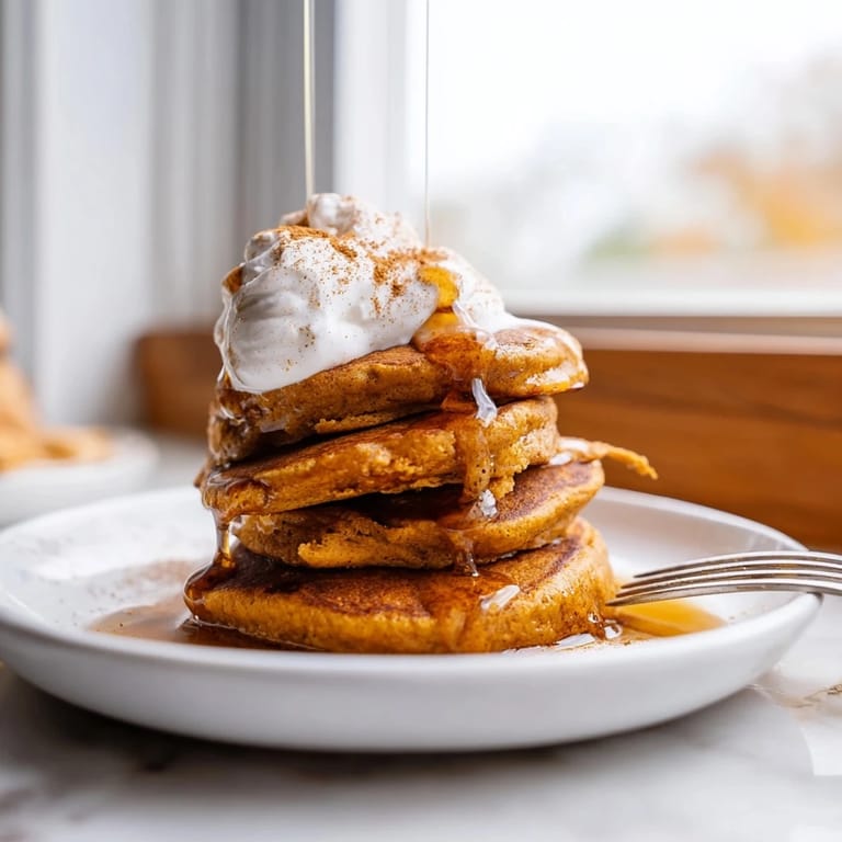 A freshly flipped Pumpkin Spice Pancake revealing tender, orange-hued crumb infused with cinnamon and nutmeg spices.