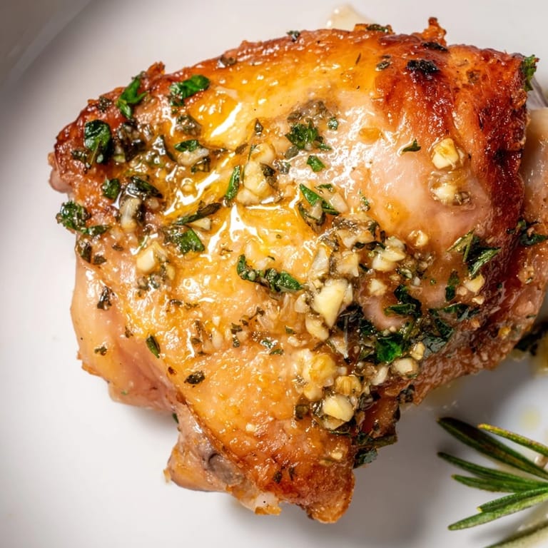 Savory Garlic Butter Chicken Thighs resting after roasting, releasing aromatic steam over a golden skillet.
