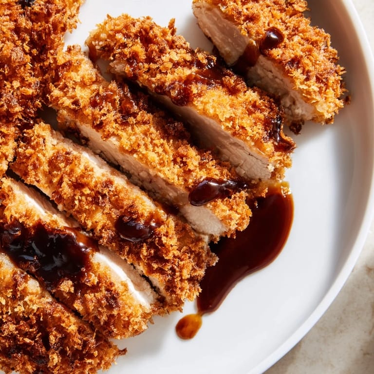 Homemade Chicken Katsu recipe featuring juicy, panko-breaded chicken fried to perfection and paired with crunchy cabbage and zesty sauce.
