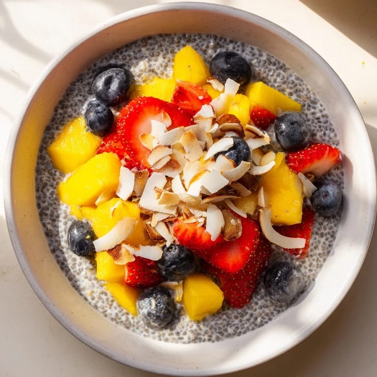 Creamy chia seed pudding layered with sliced mango and nuts in a glass for a healthy breakfast or snack.