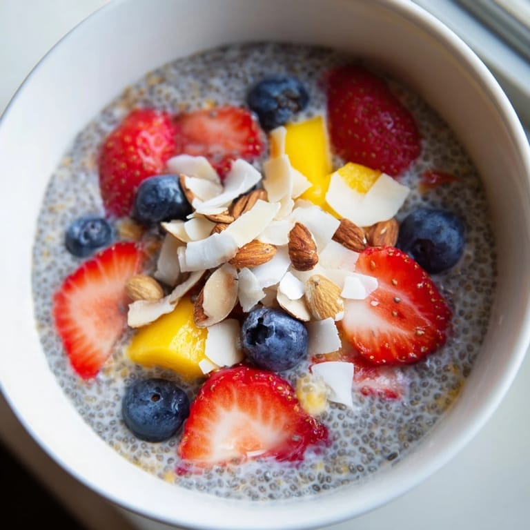 Overnight chia seed pudding with a smooth texture, ready to serve with a drizzle of maple syrup.