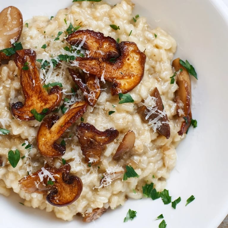 Steaming bowl of roasted mushroom risotto with Arborio rice, featuring roasted mushrooms and grated Parmesan cheese for a savory dinner.