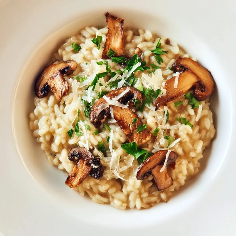 Rich, creamy vegetarian roasted mushroom risotto in a white ceramic dish, garnished with fresh thyme and extra Parmesan cheese.