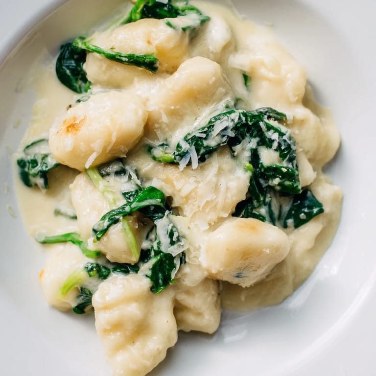 A plate of Creamy Garlic Gnocchi, sauced and garnished with fresh black pepper, ready to serve hot.