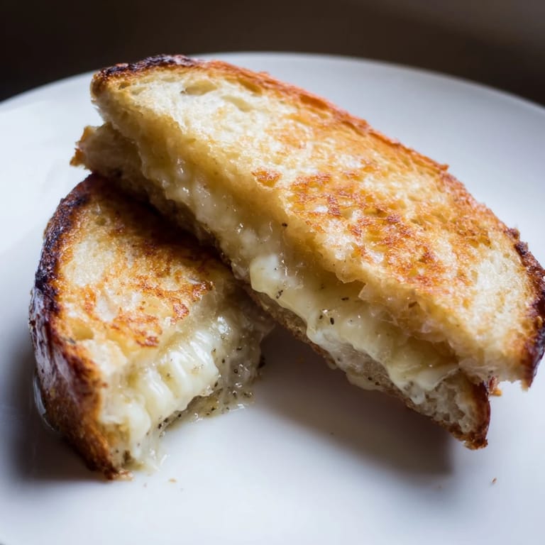 Two halves of a Truffle Grilled Cheese resting on a plate, featuring melted cheese pulls and a garnish of fresh black pepper.