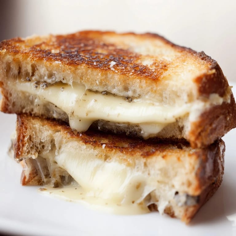 A close-up shot of Truffle Grilled Cheese with melty Gruyère, highlighting the golden, crispy crust and aromatic truffle oil on artisan bread.  
