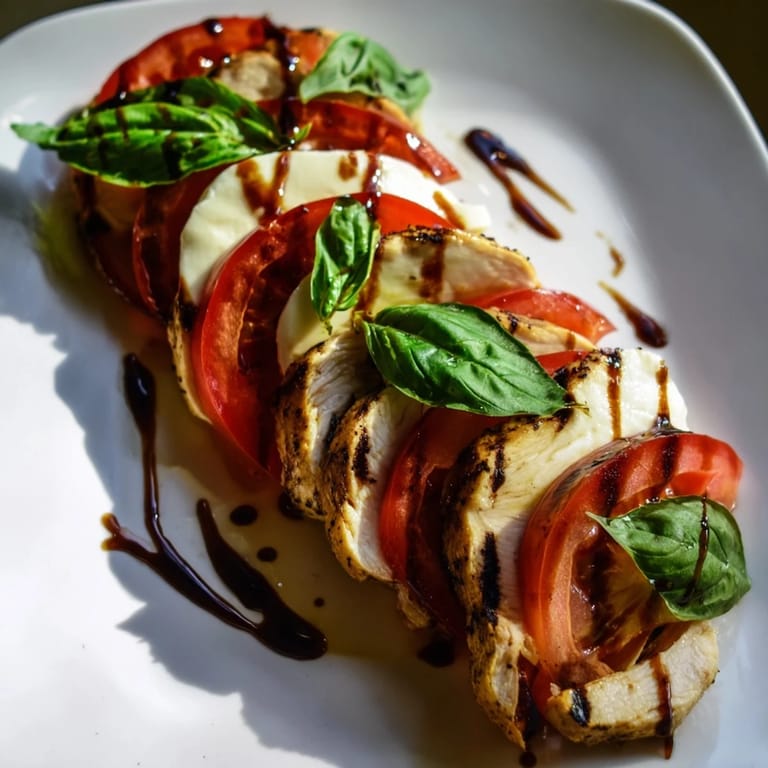 Close-up of a Chicken Caprese Salad featuring grilled chicken strips beside tomato slices and mozzarella, garnished with basil and balsamic.