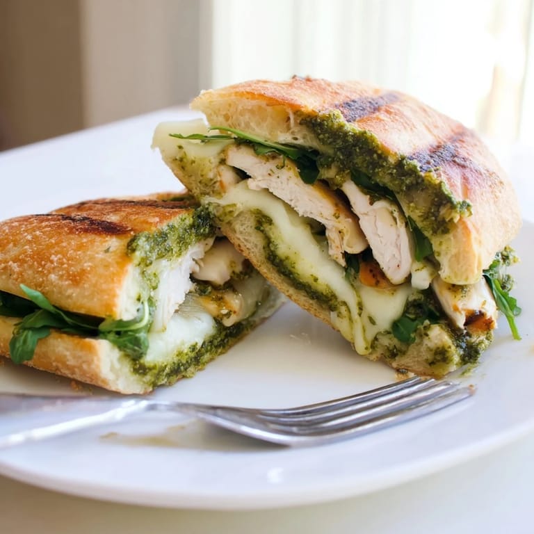 Close-up of a Chicken Pesto Panini cut in half, revealing juicy chicken slices and vibrant basil pesto.  