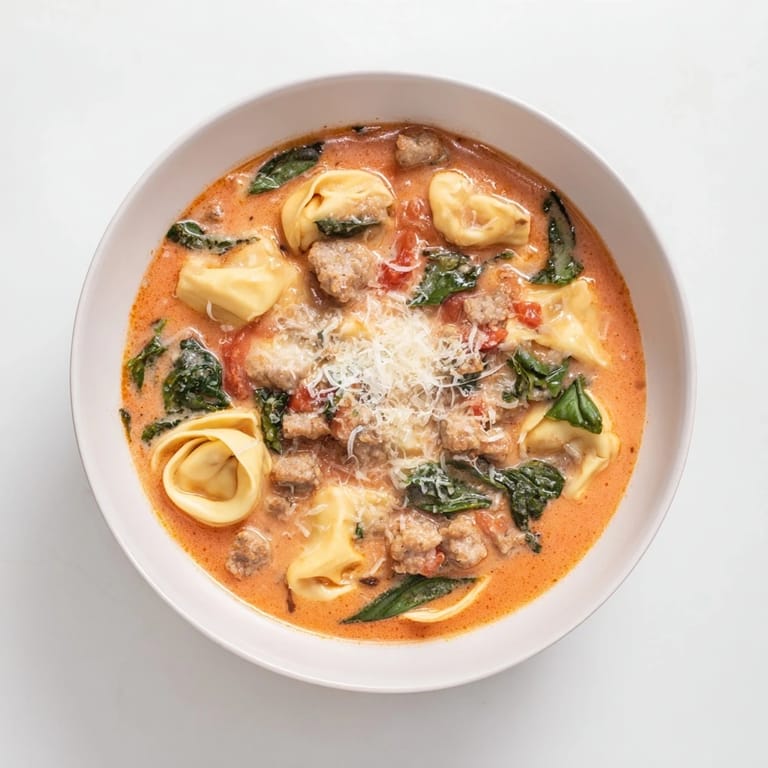 Cozy bowl of Tuscan Tortellini Soup garnished with fresh basil and grated Parmesan, perfect with crusty bread on the side.