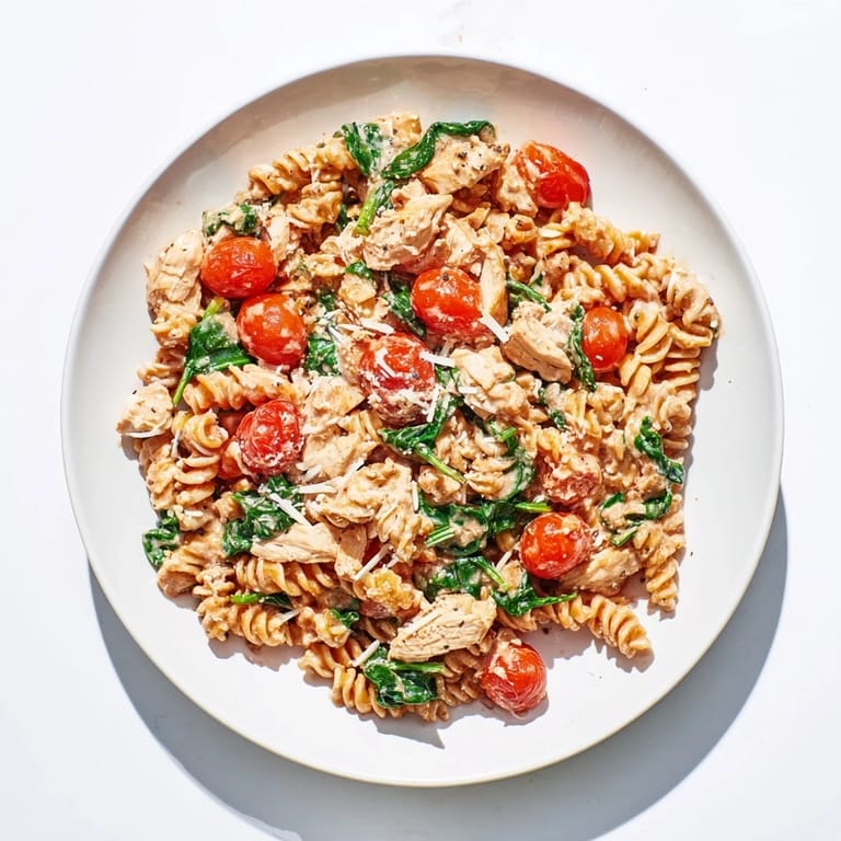 A steaming skillet of Greek Yogurt Chicken Pasta features tender chicken pieces, wilted spinach, and halved cherry tomatoes on a wooden table.