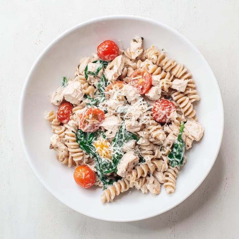 Hearty Greek Yogurt Chicken Pasta served al dente, with golden chicken, vibrant spinach, and a luscious sauce, ready for a family dinner.