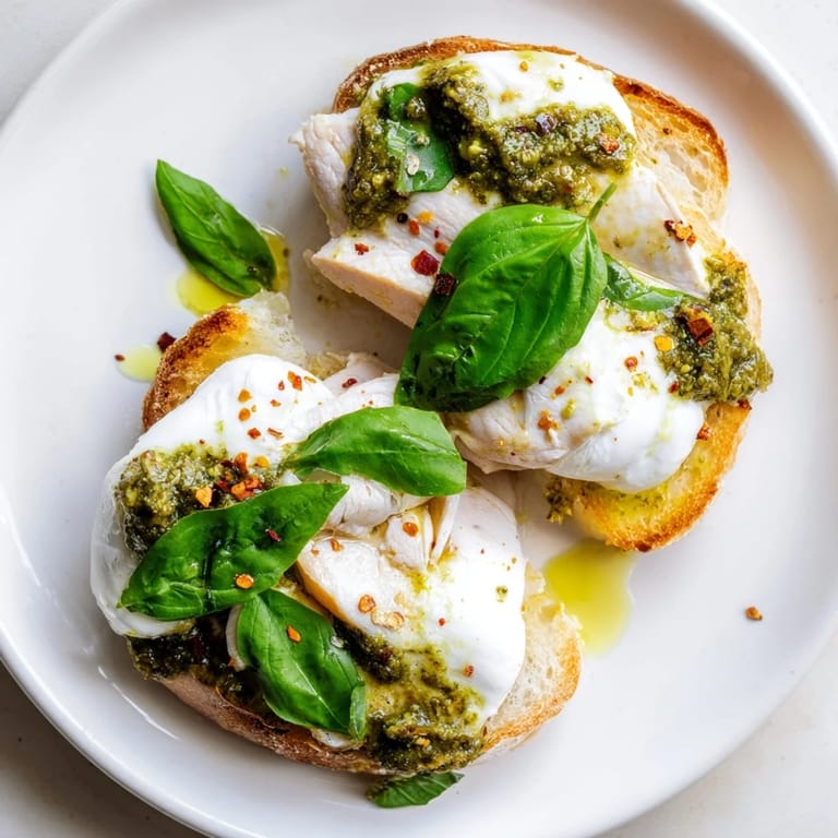 A vibrant open-faced Pesto Chicken Burrata Toast with olive oil-brushed sourdough and fresh basil.