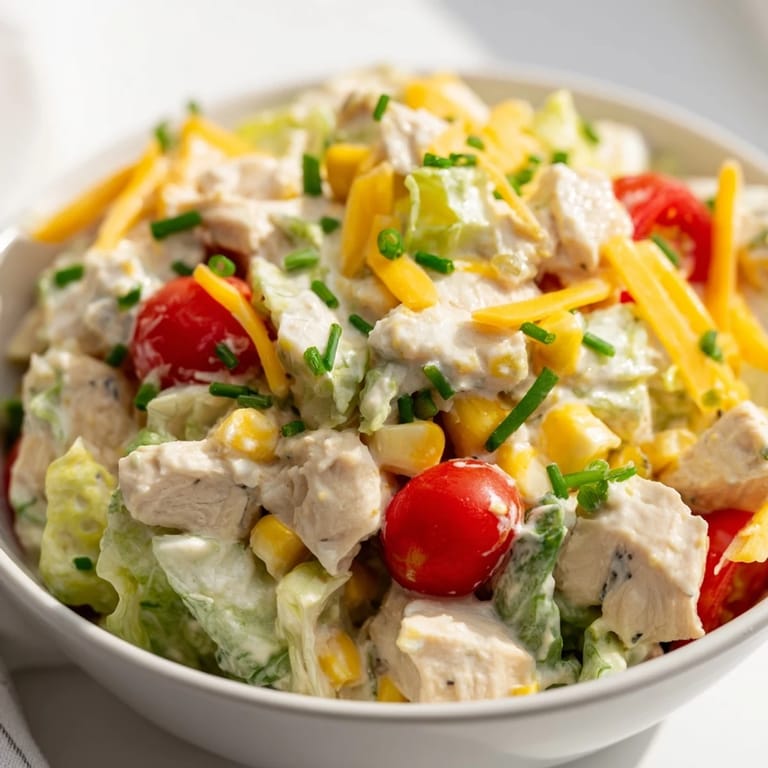 Serving suggestion for Ranch Chicken Chopped Salad, garnished with chives and paired with iced tea on a sunny table.