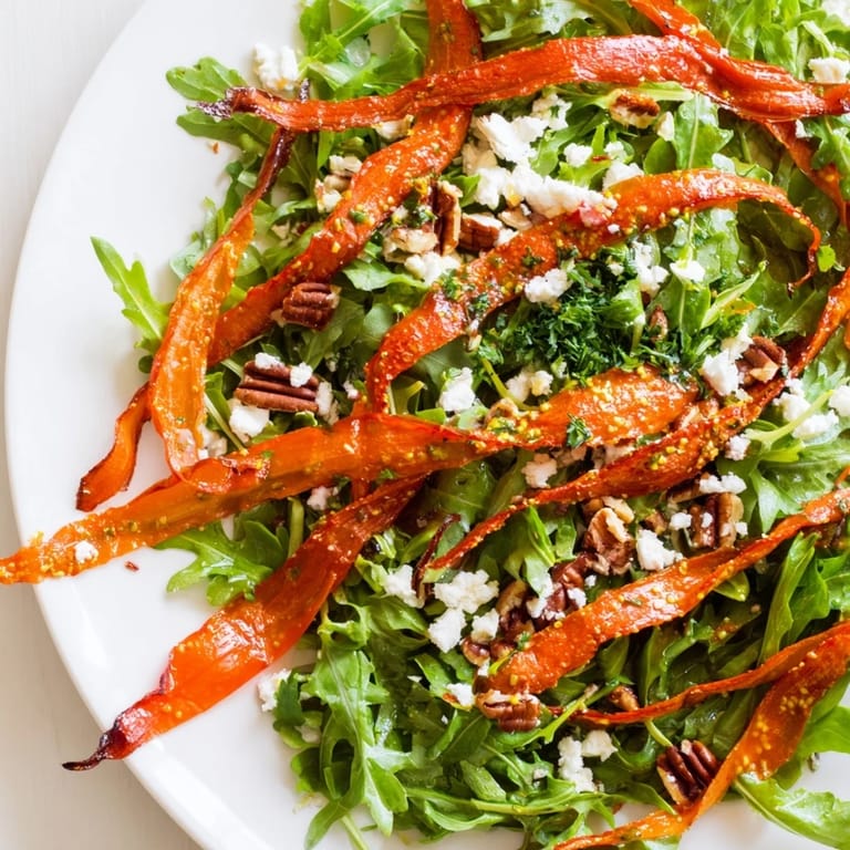 A beautiful close-up of Roasted Carrot Ribbon Salad featuring crumbled feta cheese, toasted pecans, and a drizzle of honey-mustard vinaigrette.