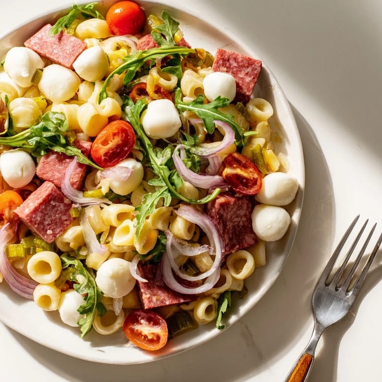 Close-up of Spring Antipasto Pasta Salad showcasing juicy cherry tomatoes, peppery arugula, and creamy mozzarella pearls nestled among ditalini and savory salami.