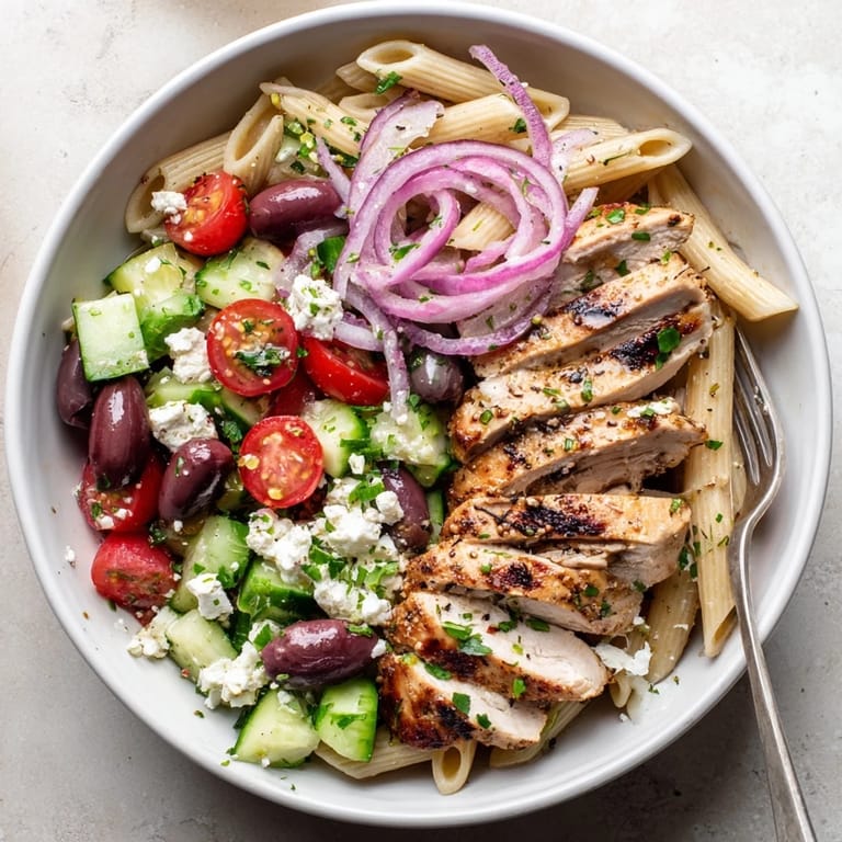 Serving suggestion for Greek Chicken Pasta Bowl with a drizzle of olive oil and fresh parsley.