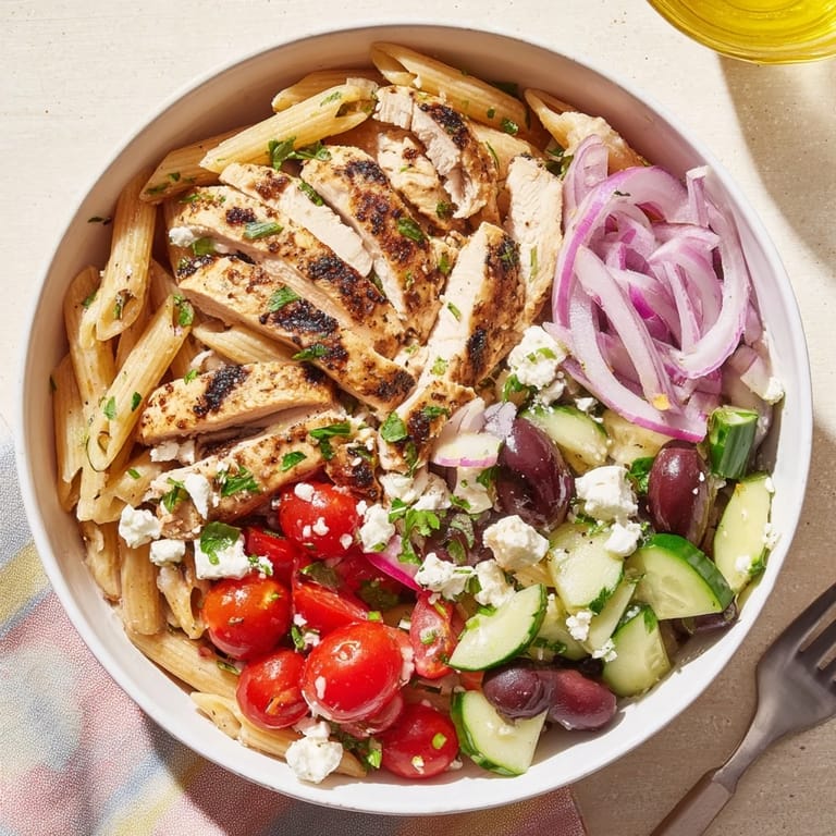 Freshly prepared Greek Chicken Pasta Bowl tossed with crisp cucumbers, briny olives, and fragrant herbs.