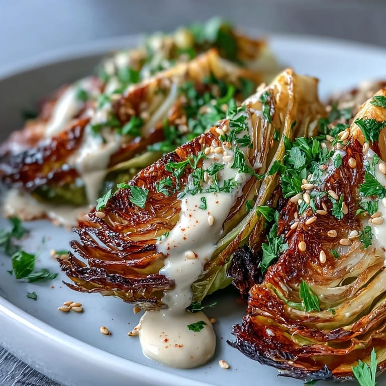 Savory roasted cabbage wedges served warm with a nutty tahini sauce and a sprinkle of smoked paprika.  