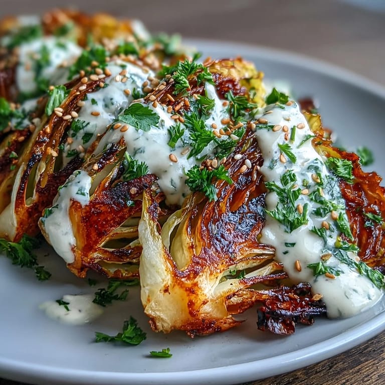 Vegan roasted cabbage wedges with tahini sauce, perfect as a healthy side dish for any meal.