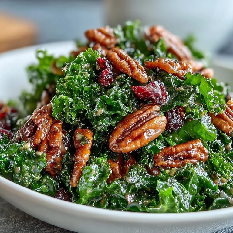 Close-up of tender kale tossed in a glossy maple-mustard glaze, garnished with toasted walnuts and vibrant red onion for a flavorful salad.