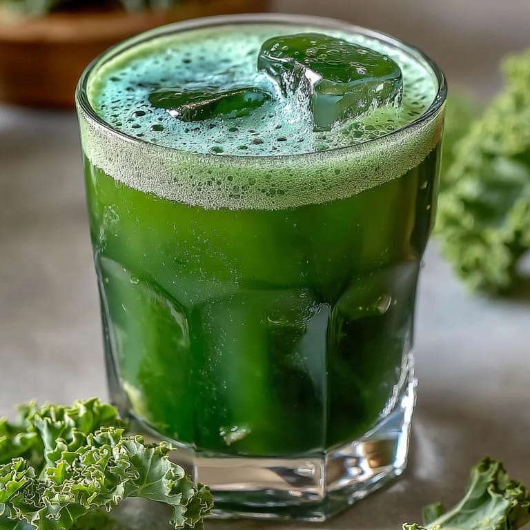 In a bright kitchen, cabbage and kale detox juice is poured over ice, with kale leaves nearby.  