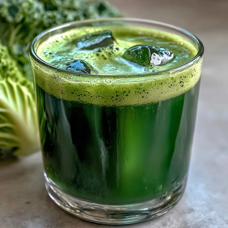 A tall, chilled glass of cabbage and kale detox juice sits beside chopped kale and celery.