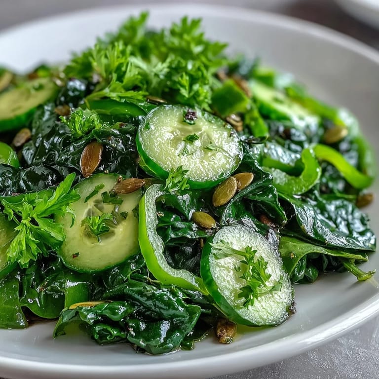 A fresh Glowing Green Salad with zucchini ribbons and mixed greens, lightly dressed and garnished with pumpkin seeds for extra crunch.