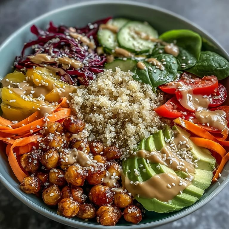 Serving suggestion for a Rainbow Buddha Bowl With Quinoa, with colorful cabbage, carrots, and a creamy tahini drizzle.