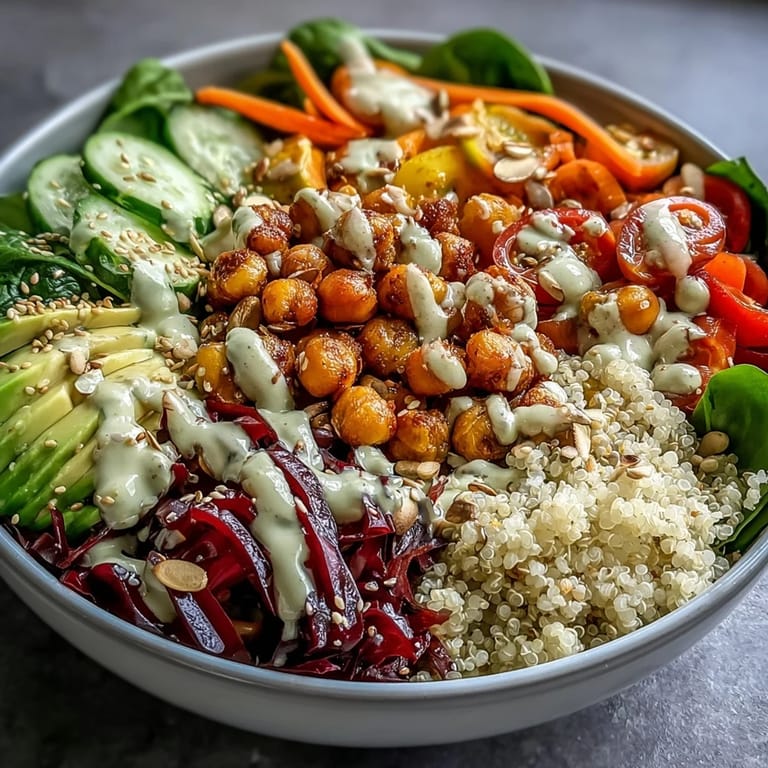 Close-up of a wholesome Rainbow Buddha Bowl With Quinoa, featuring fresh spinach, cherry tomatoes, and sesame seeds.