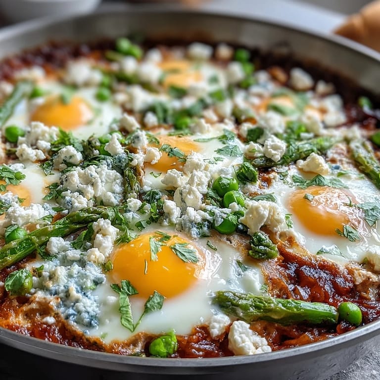 Colorful Pea and Broad Bean Shakshuka served with lemon wedges and crusty bread, perfect for a vegetarian brunch or easy family-style dinner.