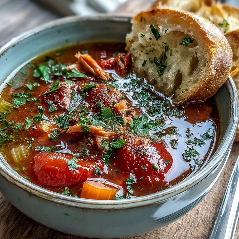 Warm, creamy Tuna and Tomato Soup ladled from a pot with steam rising and aromatics visible.