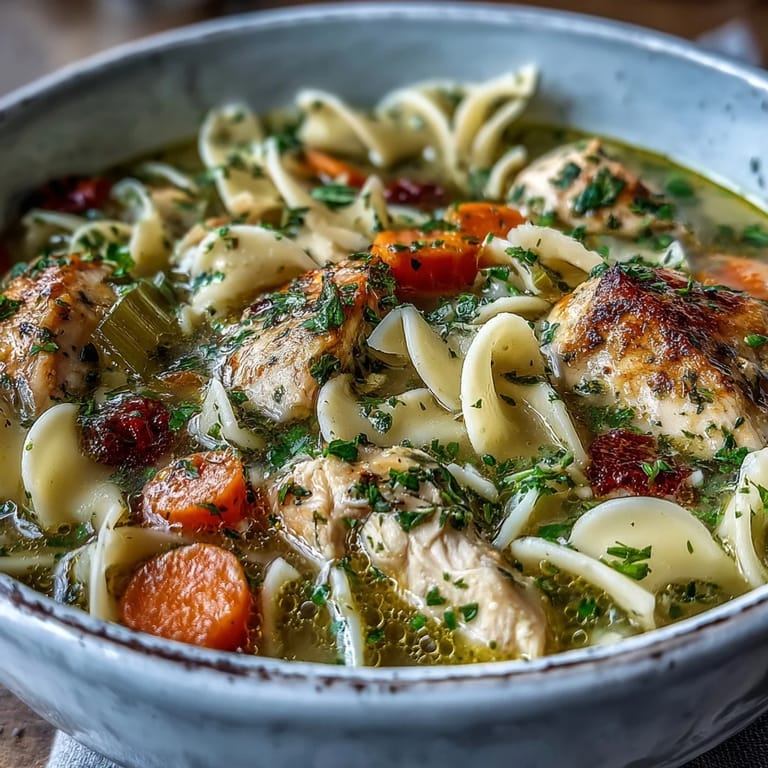 Steam rises from a warm bowl of Chicken Noodle Soup, garnished with fresh parsley and served beside crusty artisan bread.